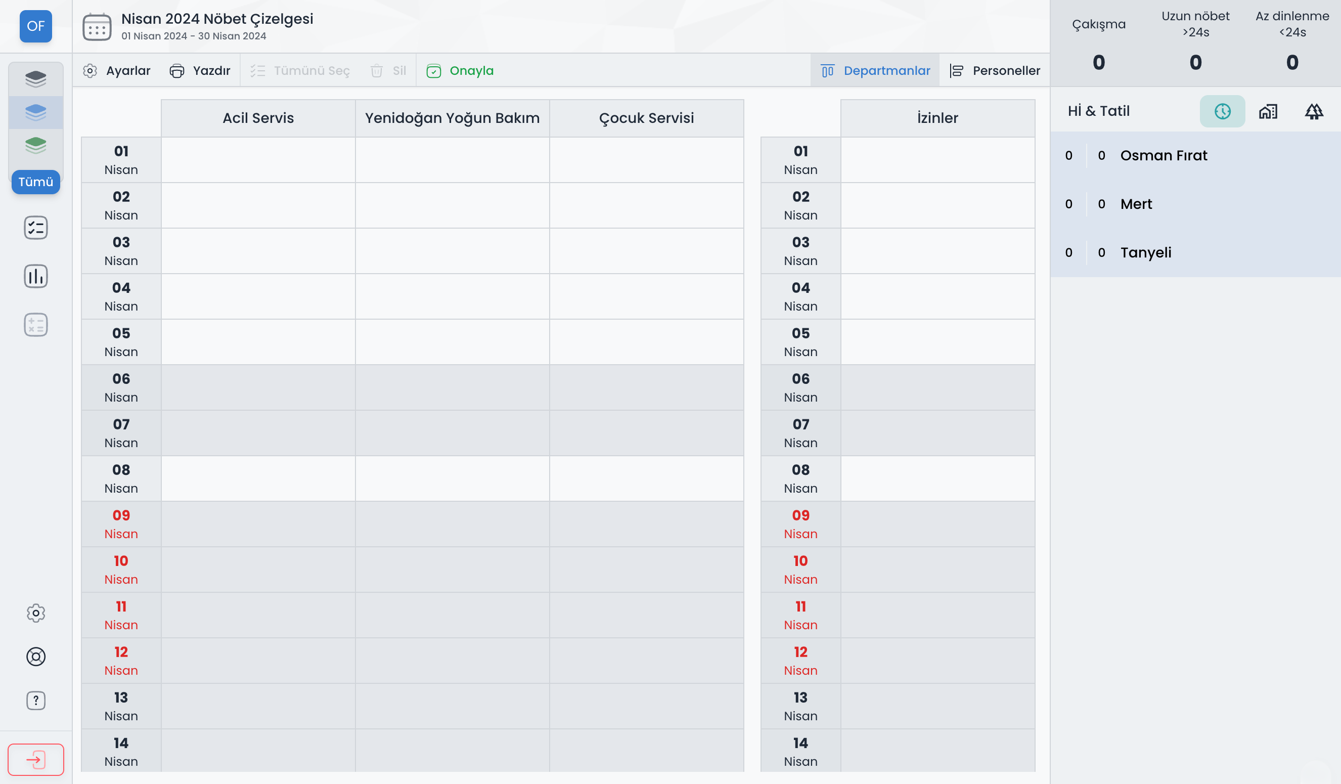 nöbetim Çizelge hazırlama sayfasından bir görüntü